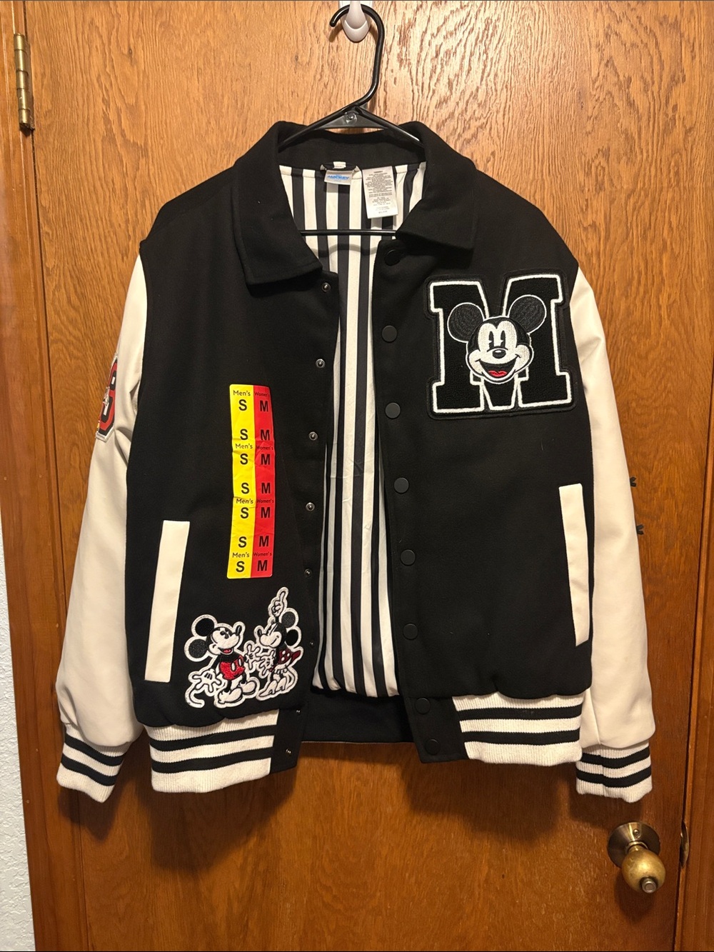 Black and White Mickey Varsity Jacket with Iconic Patchwork NWT